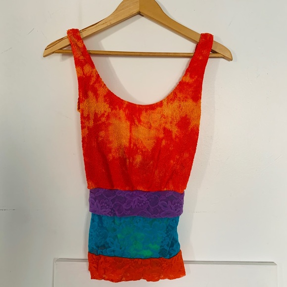 RARE! 1980's LIZA BRUCE Vintage Bathing Suit TIE-DYED LACE PULL DOWN SKIRT NEON - Picture 3 of 12